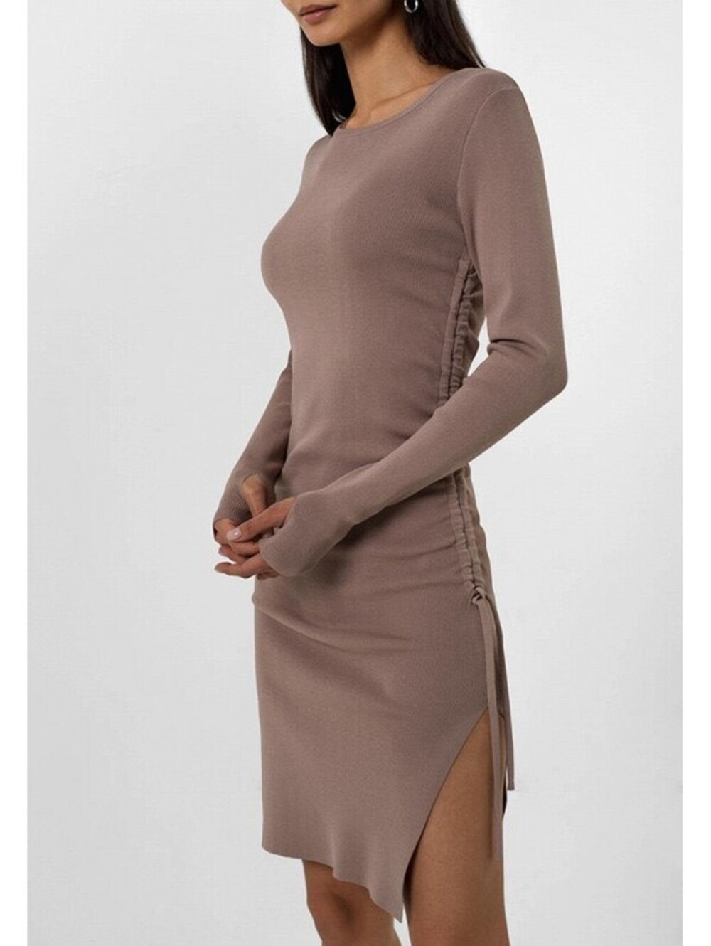 Long Sleeve Side Ruched Midi Dress with Side Slit in Taupe